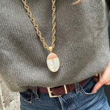 Mother-of-pearl scarab and peach moonstone long necklace